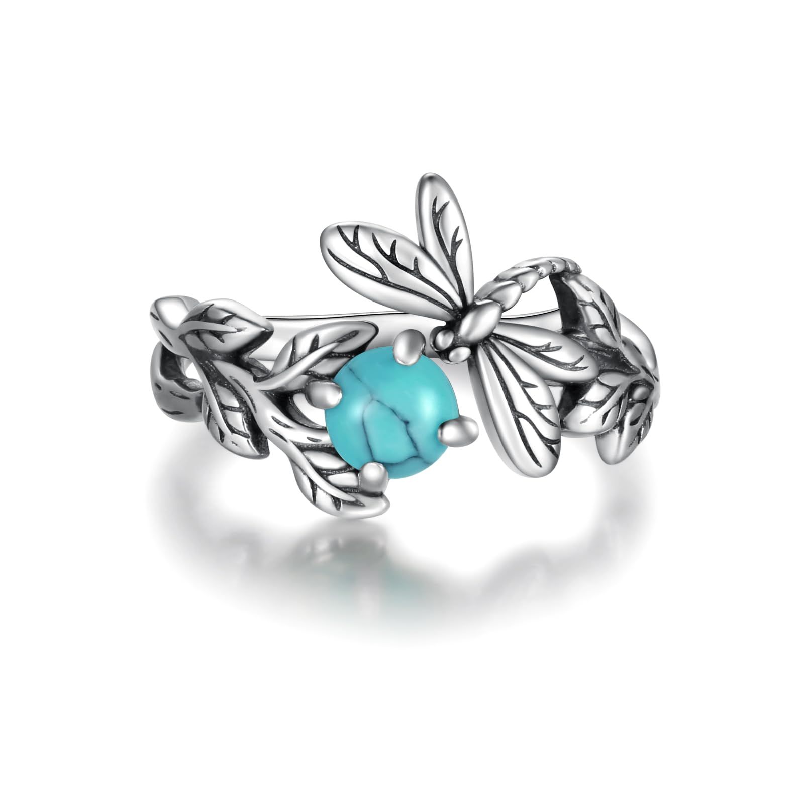HXS 925 Sterling Silver Dragonfly Ring with Turquoise, Timeless Boho Jewelry
