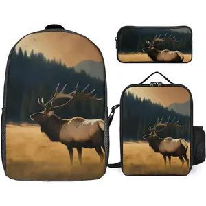 3 Piece Backpack for Women Men Lightweight Causal Daypack Shoulder Bag Set with Insulated Lunch Bag And Pencil Case Organizers Elk in The Meadow