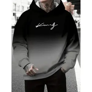 Men's 3D Hoodie Sweatshirt, Gradient Color, King Script Design, Long Sleeve Pullover, Geometric Pattern, Casual Streetwear