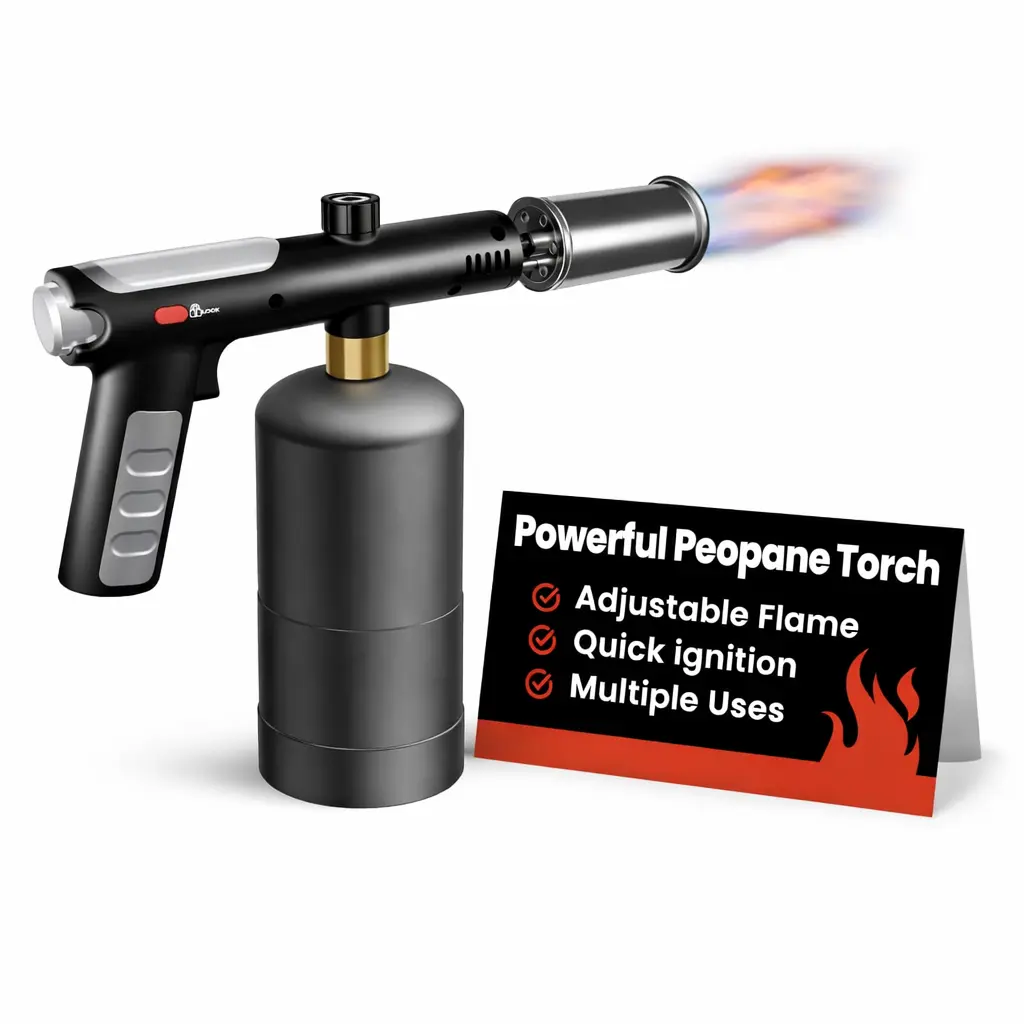 Lightweight Stainless Steel Propane Flame Torch Gun - 1-Touch Max Fire, Precise Flame Adjustment, Safety Lock, Charcoal Lighter for Outdoor Barbecues, Bakeware Kitchen Torch Head (Tank Not Included) Summerwins