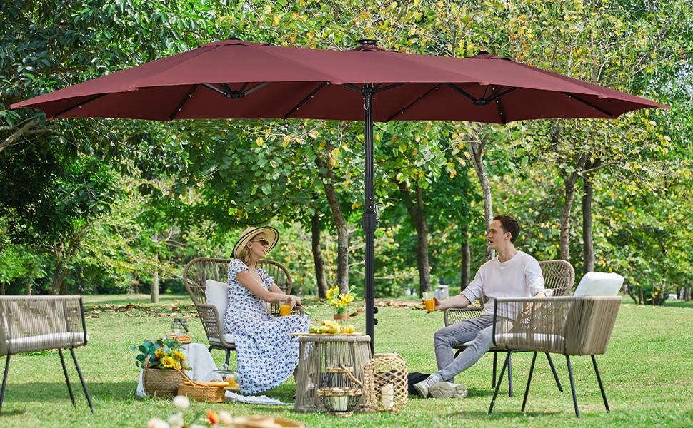 【Solar LED Lights Umbrella】Yaheetech 15/13ft Large Patio Umbrella, Outdoor Double-Sided Rectangle Umbrella with 36 LED Lights & Crank for Patio Garden Pool Lawn Backyard, Base Included