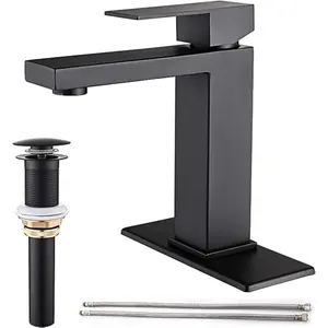 Matte Black Bathroom Faucet, Single Hole  Bath Faucet, Single Handle Modern Stainless Steel Bathroom Faucets for Sink 1 Hole with Pop Up Drain Stopper & Water  Hoses