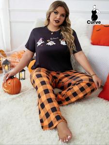 plus size halloween cartoon pumpkin skull print tee & plaid print pants pyjama two-piece set, casual comfy round neck short sleeve t-shirt & trousers pj set, women's sleepwear for fall