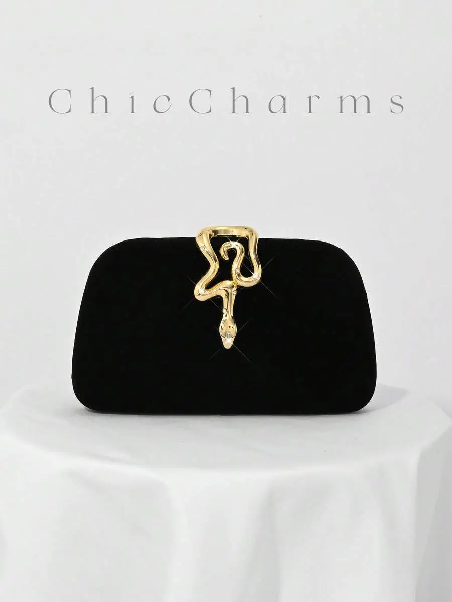 Luxury Black Velvet Evening Clutch for Women, Rhinestone Chain Shoulder Bag with Snakehead Lock for Wedding Party