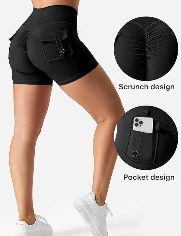 Women's 3" High Waist Scrunch Butt Workout Shorts Sagging Hips Shorts | High Waist Butt Lifting Cargo Workout Shorts with Pockets, Tummy Control Stretch Yoga Biker Shorts for Running Daily Wear