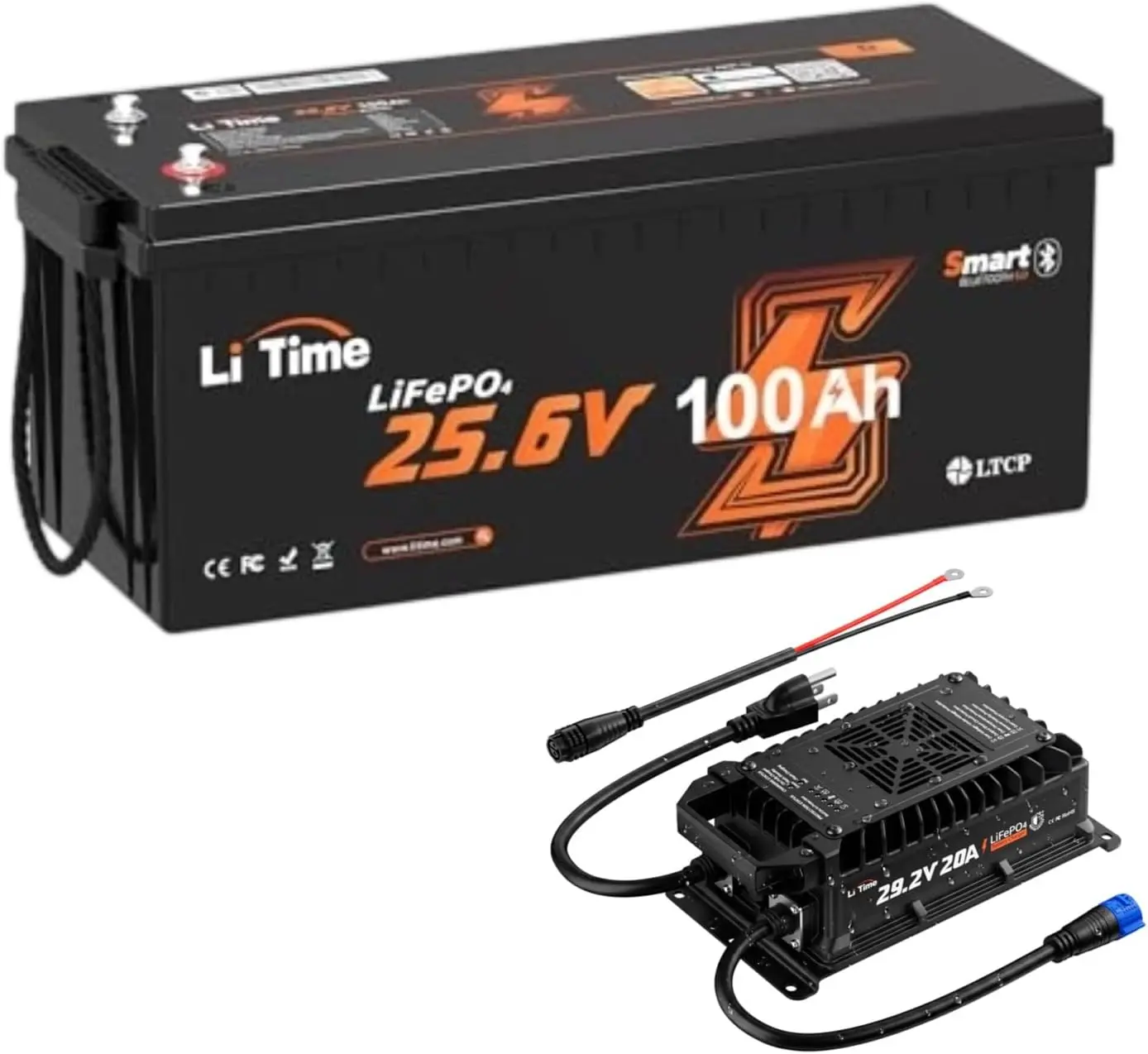 LiTime 24V 100Ah Bluetooth LiFePO4 Lithium Battery with IP67 Waterproof 20A LiFePO4 Battery Charger, Low-Temp Protection, 4000+ Deep Cycles with 100A BMS for RV, Trolling Motor, Off-grid