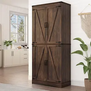 71in Farmhouse Kitchen Pantry Cabinet,Tall Storage Cabinet with 4 Doors and Adjustable shelves,with Load-Bearing Steel Pipe,Wood Storage Cabinets for Kitchen,Dining Room,Bathroom(Black/Brown/Light Rustic Oak/White/Rustic Blue)