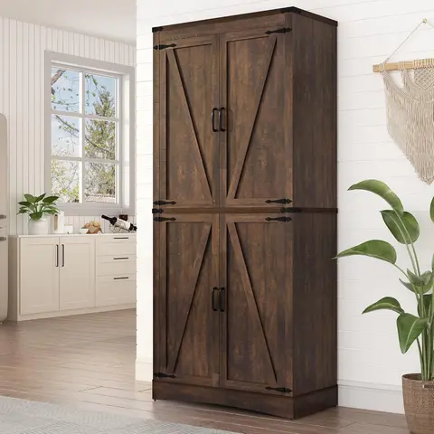 71in Farmhouse Kitchen Pantry Cabinet,Tall Storage Cabinet with 4 Doors and Adjustable shelves,with Load-Bearing Steel Pipe,Wood Storage Cabinets for Kitchen,Dining Room,Bathroom(Black/Brown/Light Rustic Oak/White/Rustic Blue)