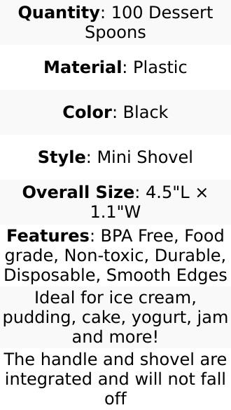 100-Pack Plastic Dessert Spoons 4.5" Black Mini Shovel Design - Disposable Ice Cream Spoons