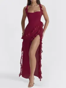 French-style spaghetti-strap ruffle maxi dress for women with a sexy vibe and thigh slit; an elegant casual summer option suitable for beach vacations and travel outfits
