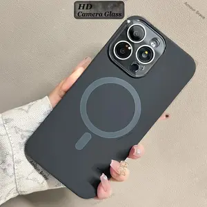 Magnetic Liquid Silicone HD Camera Glass Phone Case For iPhone 16 Pro Max 12 13 14 15 16 Pro For Magsafe Wireless Charging Cover