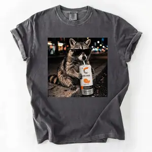 Comfort Colors Cool Raccoon Drinks Celsius Orange Flavor Graphic Unisex Tee, Funny Soda Lovers Shirt, Vintage Raccoon Meme Gifts