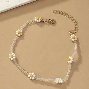 1pc Chic Daisy Glass Bead Anklet Stylish Braided Design with Golden-Tone Clasp Perfect for Vacation & Casual Attire