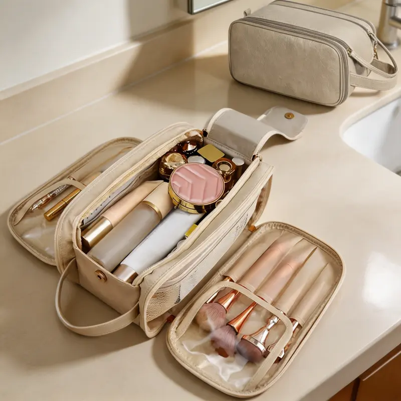 Large Capacity Travel Cosmetic Bag with Multiple Compartments and Carry Handle