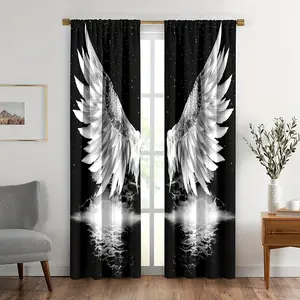 2pcs Black Art Window Curtains Angel Wings and Stars Room Decor Drapes Panel for Bedroom Living Room Window Treatments