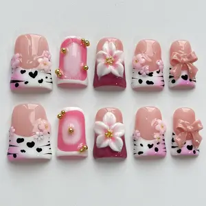 Luxury Handmade 3D Duck Nails | Short Pink French Tip Press on Nails | Reusable Thick Acrylic Fake Nails with Designs & Glue Kit