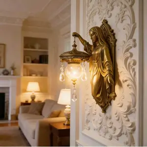 Madonna Wall Lamp – Vintage Angel Sculpture with Frosted Glass Shade & Crystal Drops, Battery Operated for Bedroom Hallway Home Decor