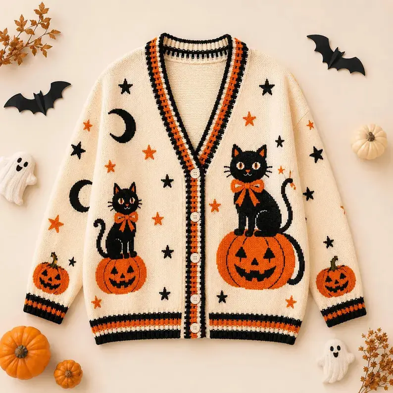 Halloween Black Cat Pumpkin Cardigan, Cute Halloween Knit Sweater, Cozy Fall Button Up Cardigan, Spooky Autumn Gift for Women