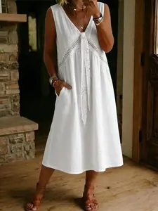 Solid Color Lace Trim Cotton Linen Sleeveless Dress, Elegant No-Sleeve Design, Perfect for Casual Wear, Comfortable & Stylish