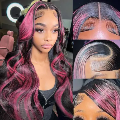 Highlight Ombre Lace Front Wig Human Hair 13x6 Body Wave 1B/Pink Colored Lace Front Wig Human Hair Pre Plucked With Baby Hair Black And Pink Wig Human Hair 180% Density 34 Inch Skunk Stripe Wig