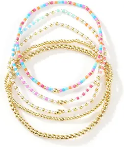 Shinus Women's 14K Gold-Plated Stretch Beaded Bracelet Stack Set, Boho Colorful Bead Ball Friendship Jewelry for Summer Trends