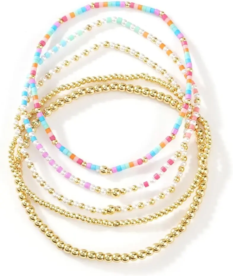 Shinus Women's 14K Gold-Plated Stretch Beaded Bracelet Stack Set, Boho Colorful Bead Ball Friendship Jewelry for Summer Trends