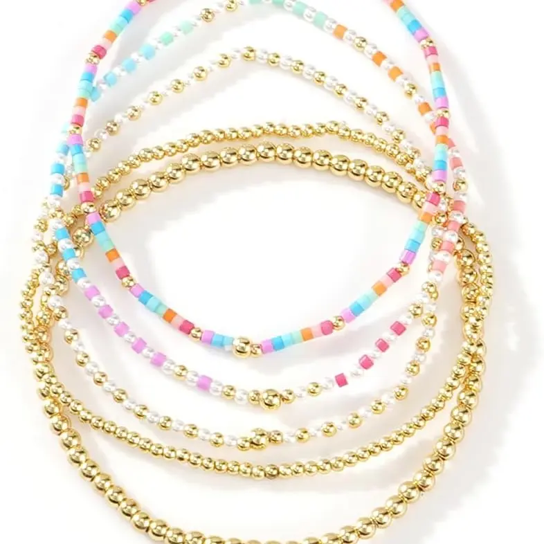 SHINUS Women's 5-Pcs Boho Beaded Bracelet Set - 14K Gold-Plated Bangle, Handmade Stretch Fashion Bracelet Style, Boho Jewelry for Summer Trends & Gifting
