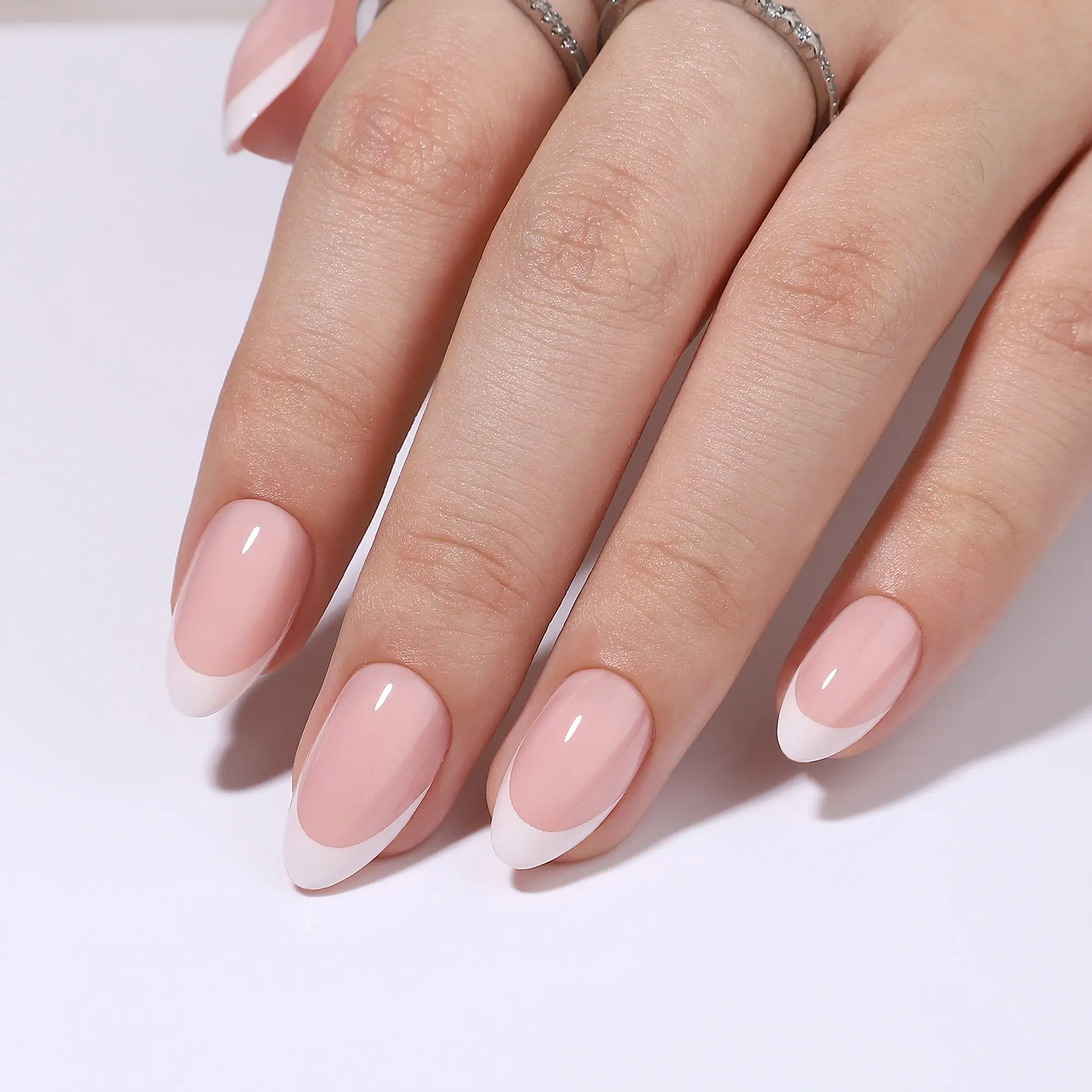 Curvlife short almond french Nail Art Press On Nails french pink glossy shiny 2 Week Wear