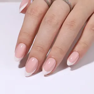 Curvlife short almond french Nail Art Press On Nails french pink glossy shiny 2 Week Wear
