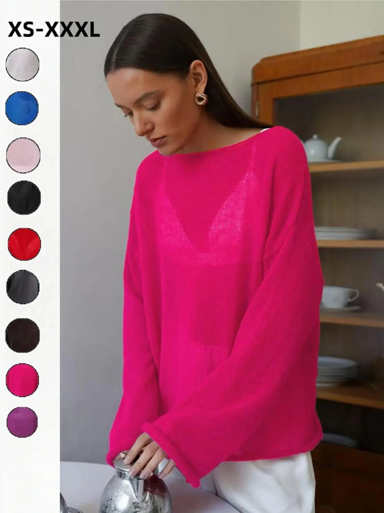 Women's Hollow-Out Knit Top Summer Breathable Beachwear Sun Protection, Loose Mesh Fabric, Sexy Round Neck Transparent Sweater,Can be worn with a bikini statement piece outerwear weekend wear figure flattering