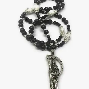 Santa Muerte Rosary Style Necklace, Black & Silver, real black lava beads