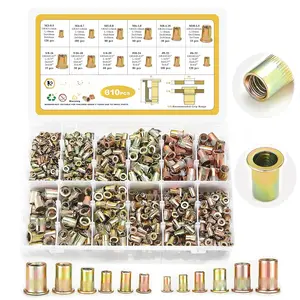 Rivet Nut Kit, 810 count SAE & Metric Rivet Nut Assortment Kit Galvanized Carbon Steel Flat  Threaded Insert Nuts, Sizes 6-32 8-32 10-24 1/4"-20 5/16"-18 3/8"-16 M3 M4 M5 M6 M8 M10Quesear