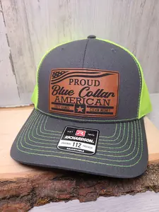 Proud Blue Collar American Hat Richardson 112 Leather Patch Men's Hat FlexFit FlatBill Trucker Style Hat mens hats dad hats Adjustable Snapback Cap