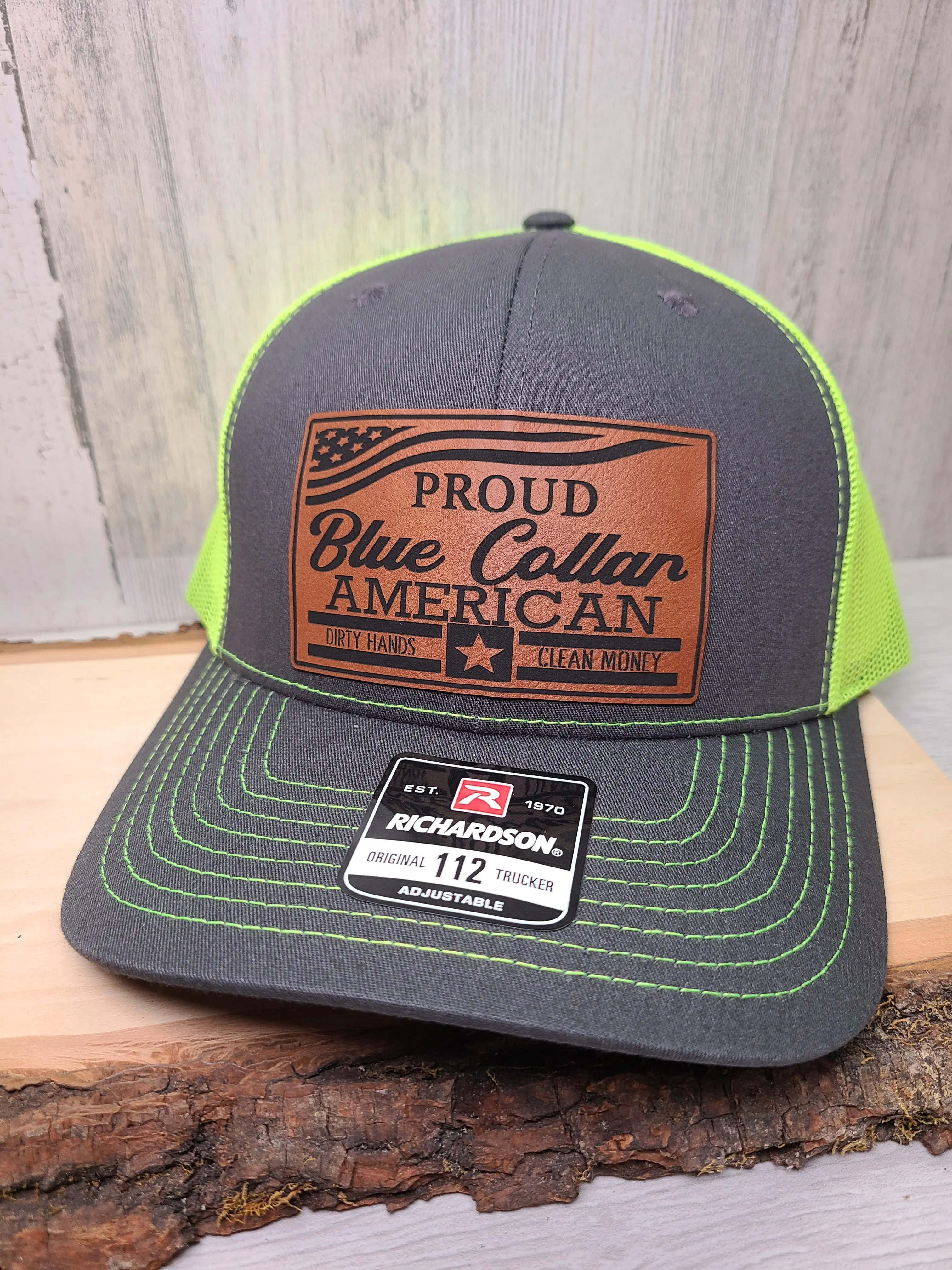 Proud Blue Collar American Hat Richardson 112 Leather Patch Men's Hat FlexFit FlatBill Trucker Style Hat mens hats dad hats Adjustable Snapback Cap
