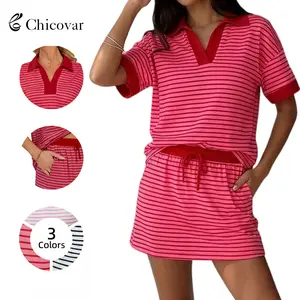 Chicovar Striped 2 Piece Outfits Casual Set  Short Sleeve V-Neck Polo Skort with Built-in Shorts & Pockets, Adjustable Waist, Stretchy & Comfortable, Lounge Sets, Athleisure, Comfyoutfit, Summervibes