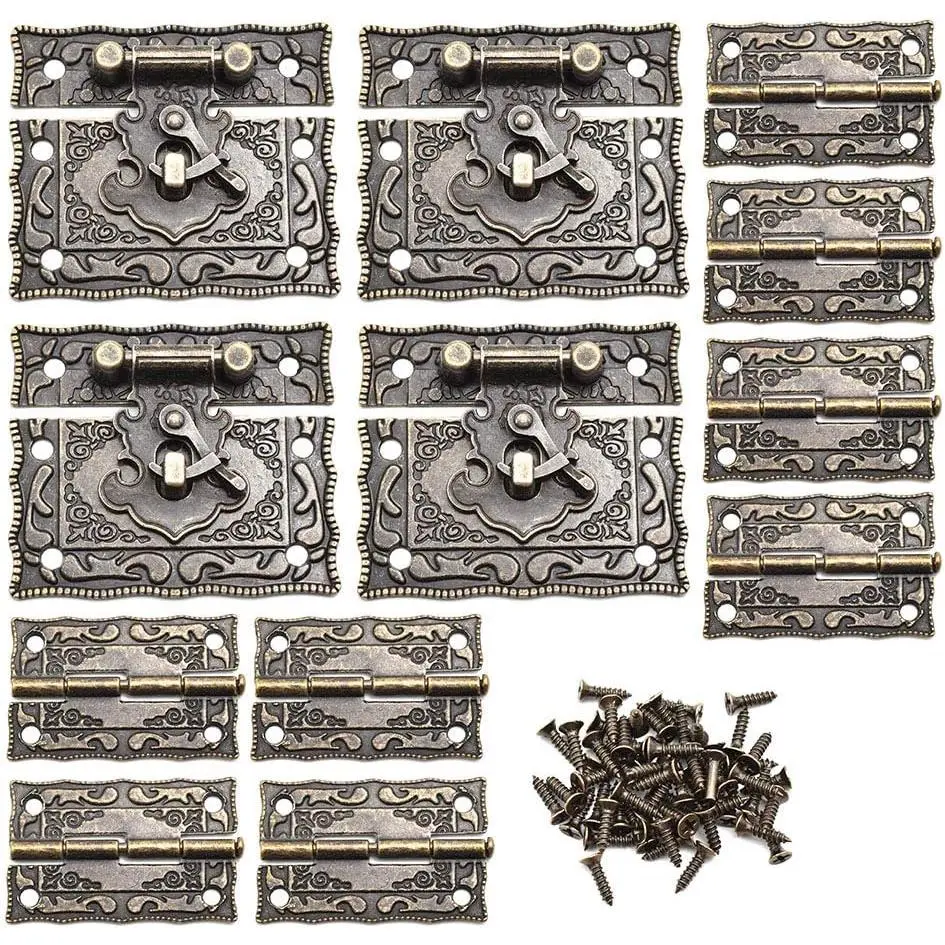 4-Set Engraved Vintage Green Bronze Hasp Latch Buckle & Hinge Kit with Matching Screws, Elegant Retro Door Hardware for Builders