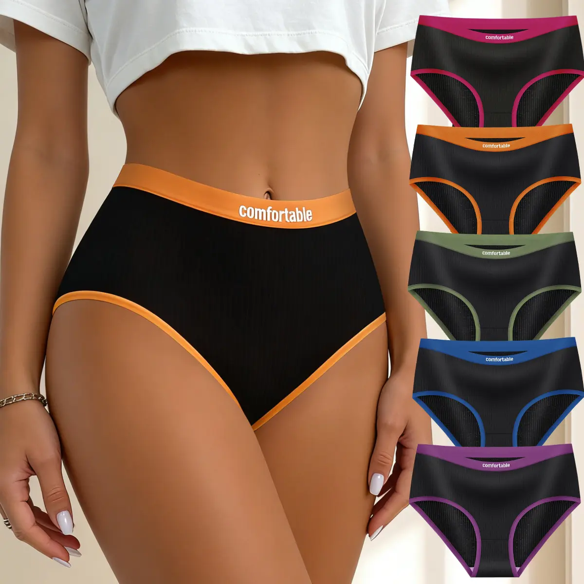 QUASTI 5-Pack Women's High-Waist Contrast Letter Soft Cotton Briefs, Stretch Seamless Breathable Lightweight Athletic Activewear Sportswear, Anti-Roll Edge Fit Daily Comfort Panties S-XXL