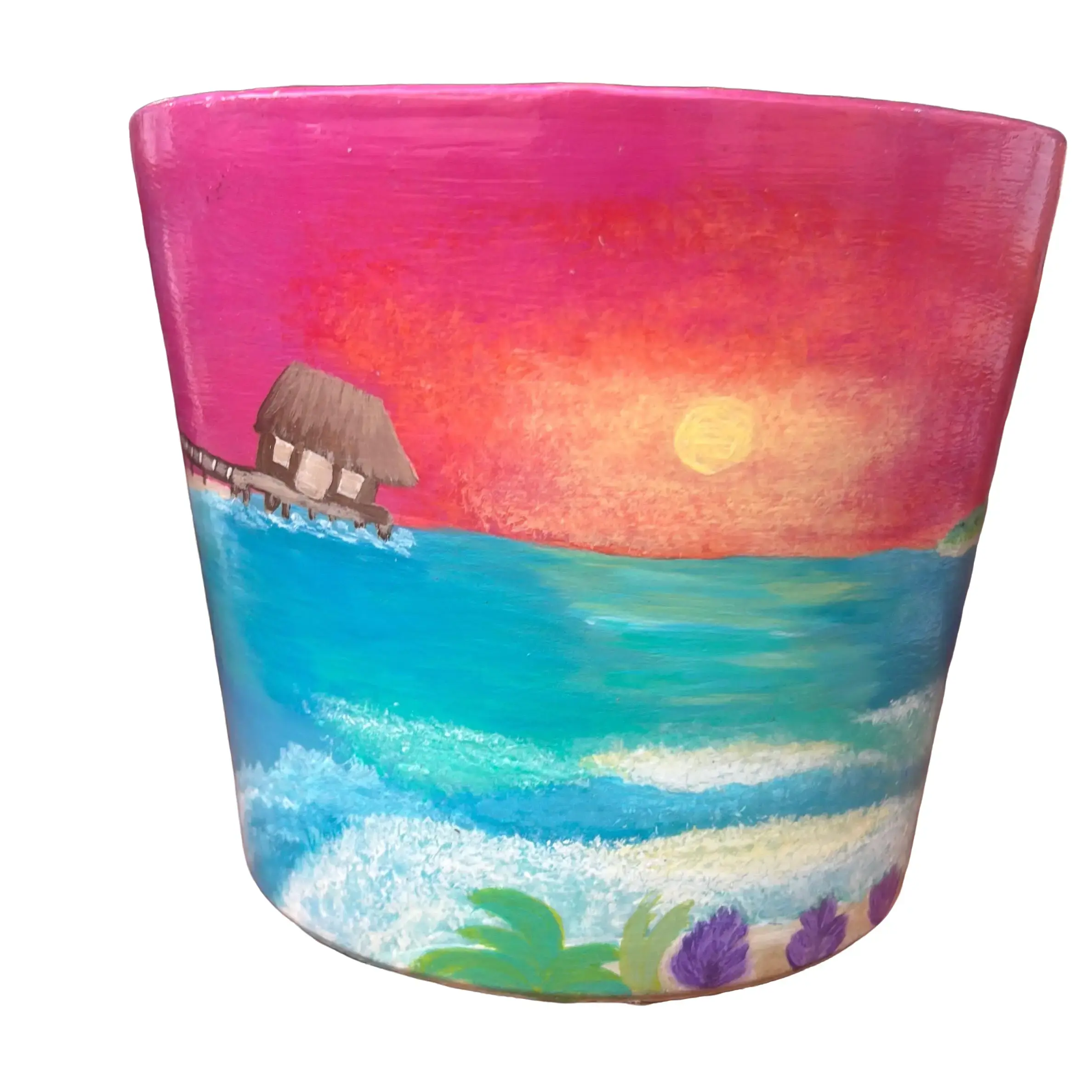 Hand Painted Beach Theme Planter Pot - 7” Tall x 6” Diameter