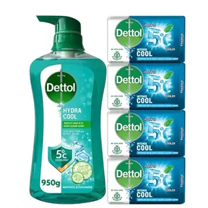 Dettol Body Wash Hydra Cool Antibacterial with Menthol & Cucumber Scent 950g Bottle & 4 Cool Soap Cleanser 100g Each Cleanser