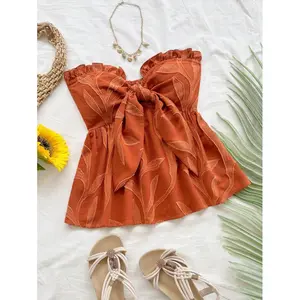 Vacation Casual Wrap Tie Waist A-Line Ruffle Hem Tube Top