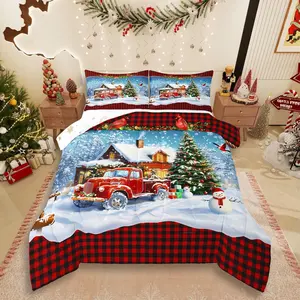 Kids Christmas Comforter Set,Retro Red Truck and Winter Snow View Bedding Set,Red Black Gird Quilt Set for Girls Boys Adult Room Decor,Happy New Year Duvet Insert