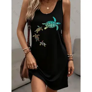 Sea Turtle Print Maxi Tank Dress with Pockets - Short Sleeve A-Line Dress, Signature Logo Detail, Soft & Stretchy Casual Summer Beach Party Outfit, Loose Fit for Spring Summer Fall (Machine Washable)
