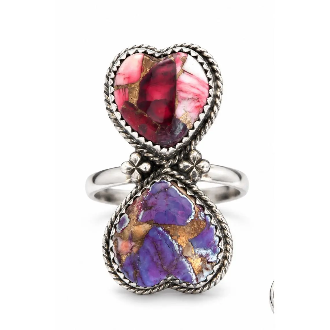 Red Rose Dahlia & Purple Dahlia .925 Sterling Silver Adjustable Heart Ring