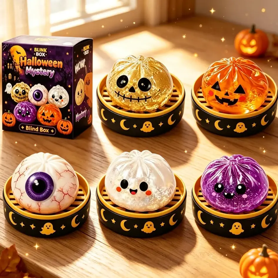 Halloween Glitter Bun Squishy, Spooky Sensory Fidget Squeeze, Blind Box Party Favor Halloween Mystery Blind Box Sensory Fidget Spooky Squishy Steamed Bun and Eyeball Stress Relief with Steamer Basket Container, Fun Party Favors and Decompression Gift