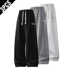 3 Pack Men’s Letter Graphic Print Wide Leg Sweatpants, Extra Long Drawstring Elastic Waist Baggy Loose Fit Hip Hop Streetwear Casual Trousers Multipack