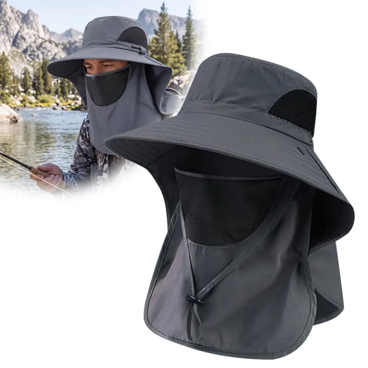 Wide Brim UV Sun Protection Hat with Face Cover & Neck Flap, Water-Resistant Quick Dry Breathable Lightweight Unisex Bucket Cap for Hiking Camping Fishing Safari, Father's Day Gift for Men Women