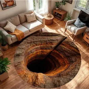 Abyss Canyon Circular Carpet Optical Illusion Rock Texture 2D Floor Decoration Modern Living Room Carpet
