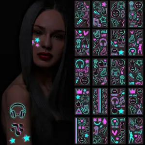 10-Piece Fluorescent Dual-Color Music Festival Tattoos, Style Blue, Waterproof Glow-In-The-Dark, Party Atmosphere
