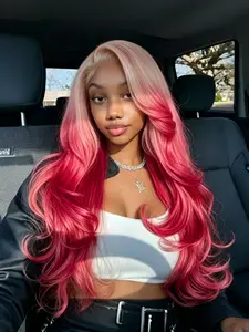 Ombre Pink Wavy Wig 13x4 Lace Front Pre-Plucked Synthetic Wig, HD Transparent Lace, Large Waves for Concerts & Music Festivals, Daily Wear & Date-Ready, 28 Inches