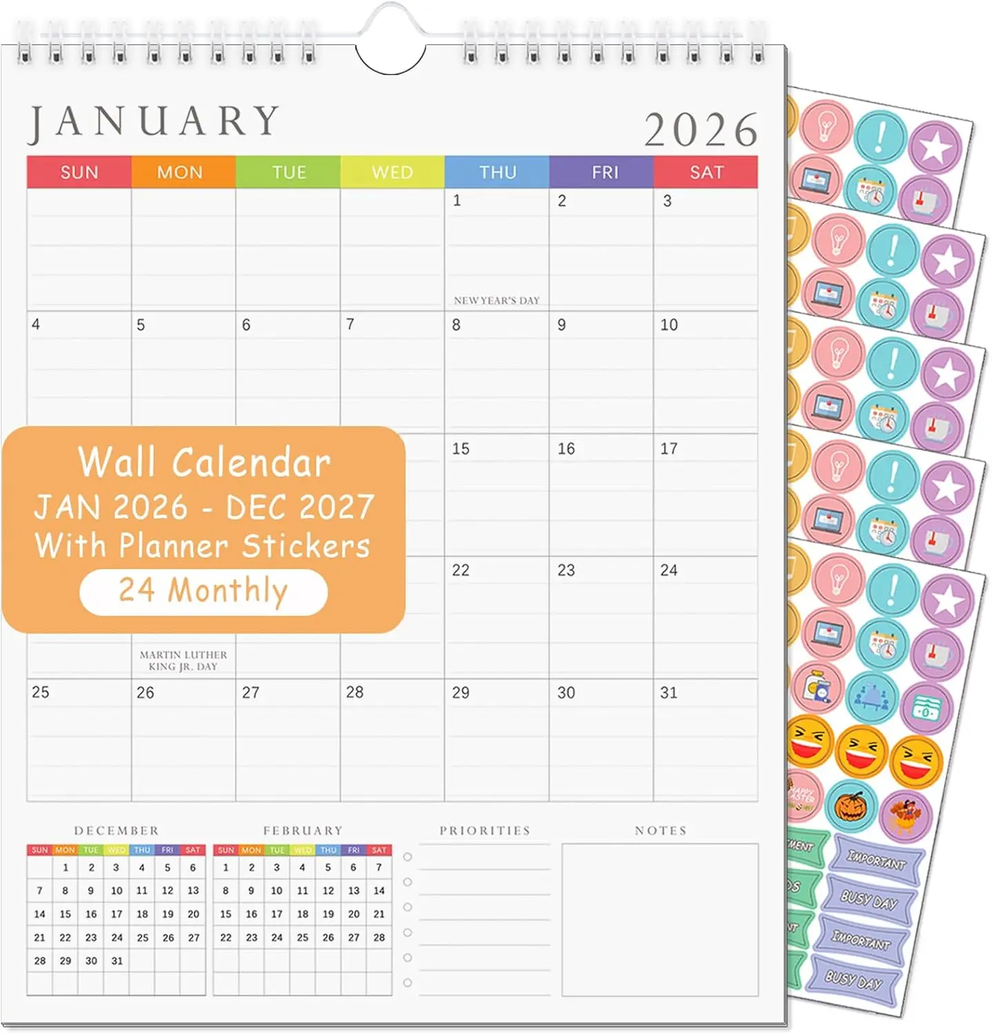 2026 Calendar, JAN 2026 - DEC 2027, Wall Calendar, 24 Monthly, Calendar 2026 and Calendar 2027, Planner 2026-2027, 13.8" x 11", With Planner Stickers, Suitable for , office, classroom, etc
